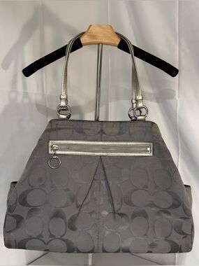 Coach Signature C Jacquard Tote Gray Silver Shoulder Bag Large F14869